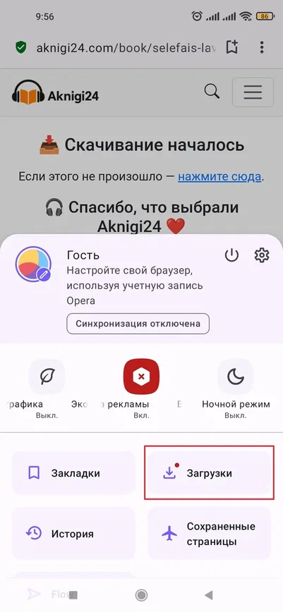 Меню загрузок в Opera